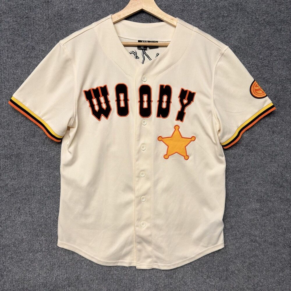 Disney Pixar Mens S Cream Woody Button-Up Baseball Jersey Toy Story 4 Shirt